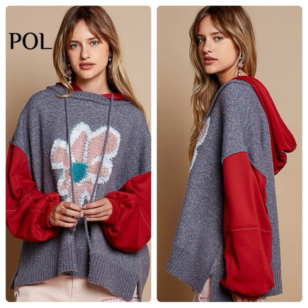 POL Women's Gray and Red Floral Sweater